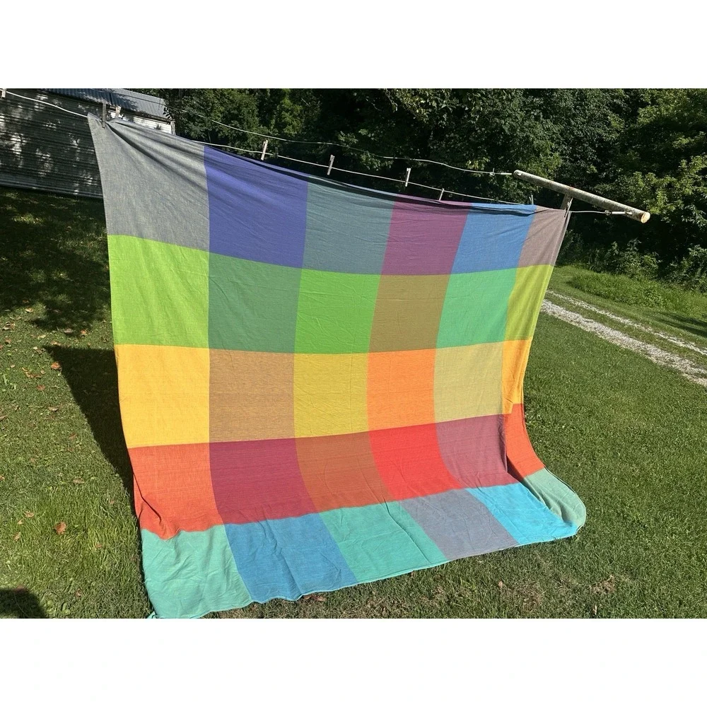 Vtg Bates Bedspread DoubleSize Rainbow Patchwork Plaid Cotton Woven Boho 60s uSA
